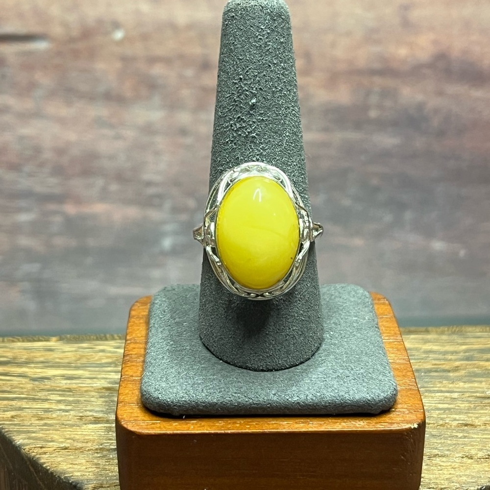 Sterling Silver Butterscotch Amber Ring – Size 9, Adjustable, Statement Ring - Picture 5 of 8